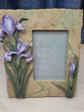 Distressed Stone-like Table Top Frame With Applied Irises, 3.5" X 5"  Picture